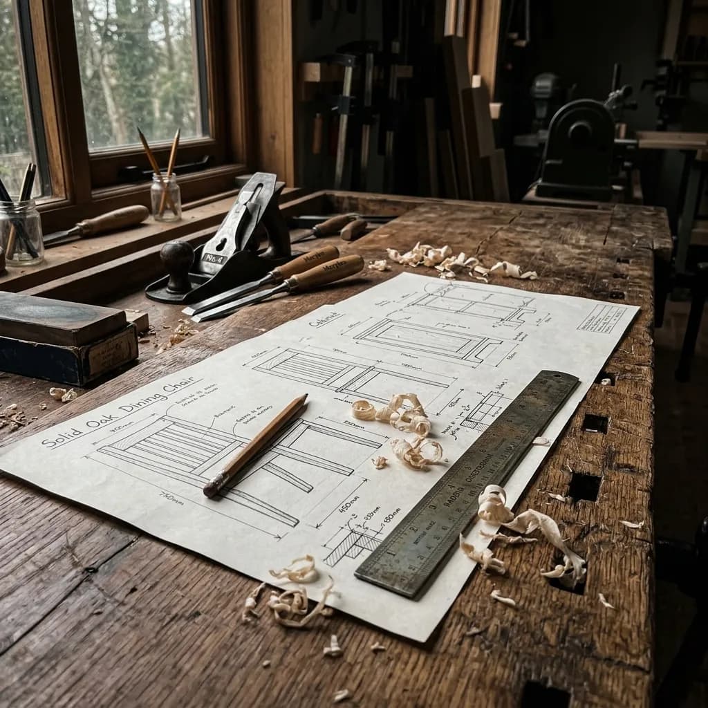 Handcrafted timber blueprints and tools