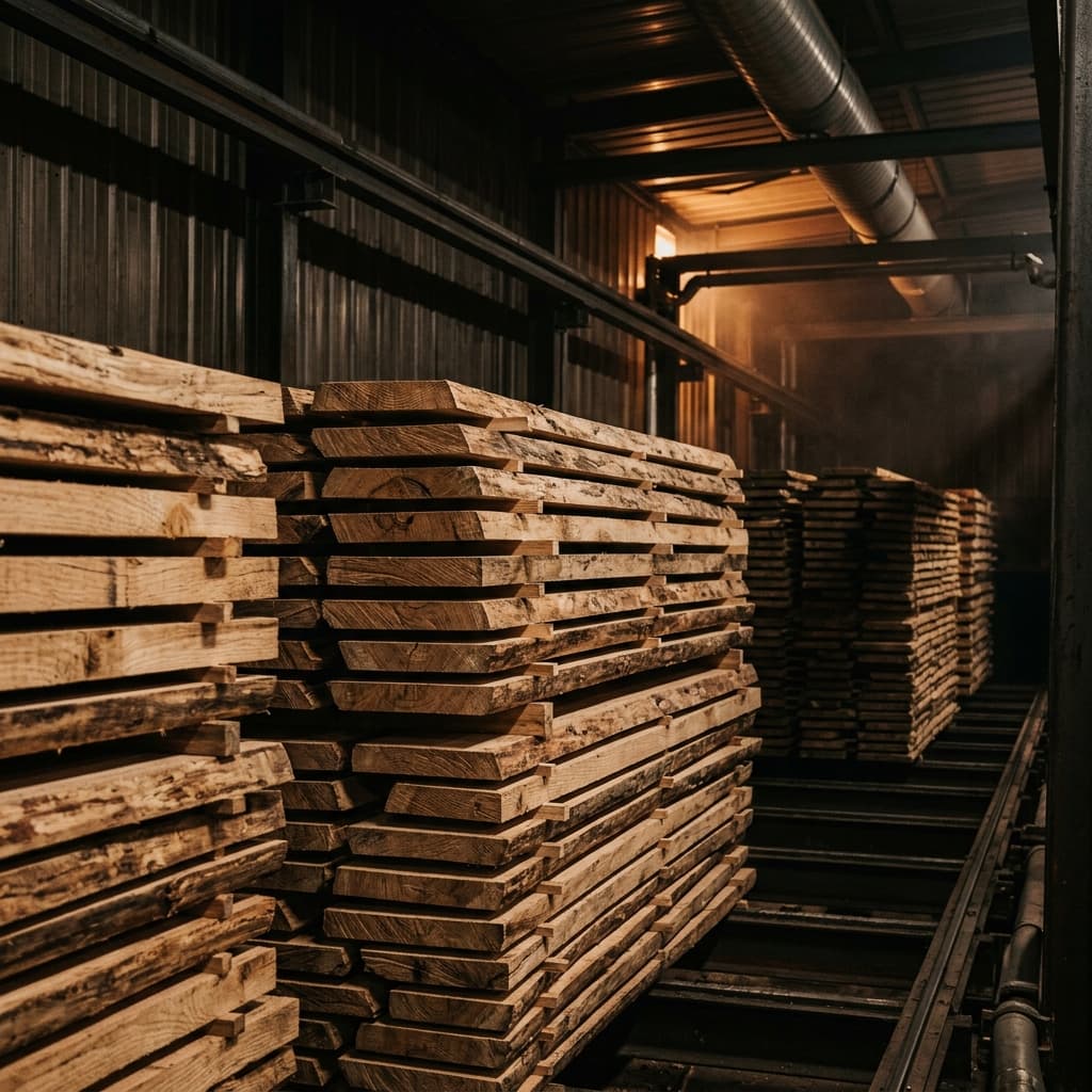 Stacked timber in a controlled kiln-drying environment